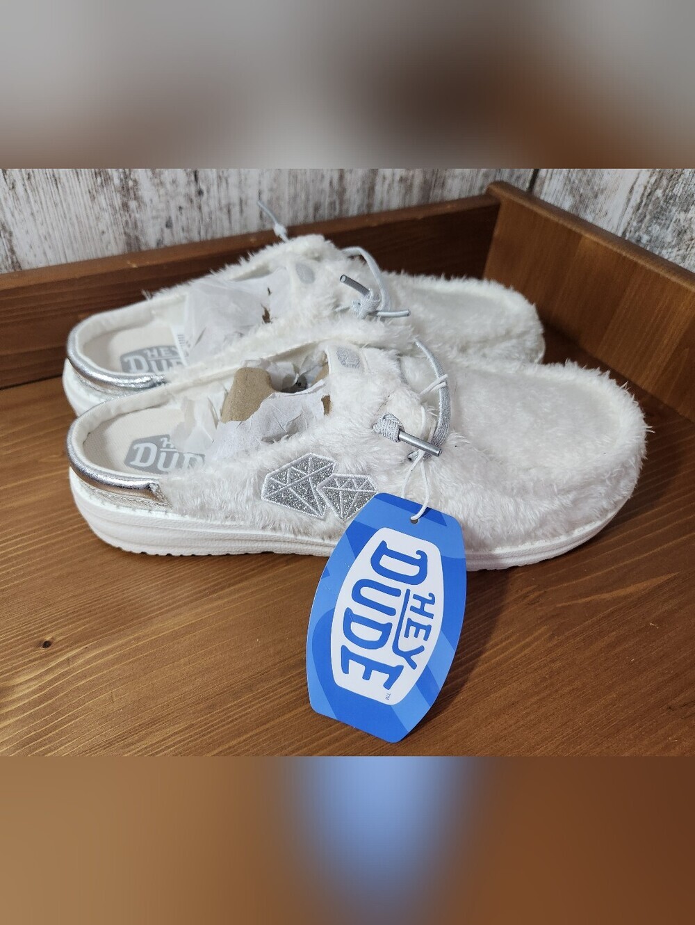 Hey Dude Women's White Bridal Wedding Diamond Fuzzy Slide Mules 💎 Bachelorette